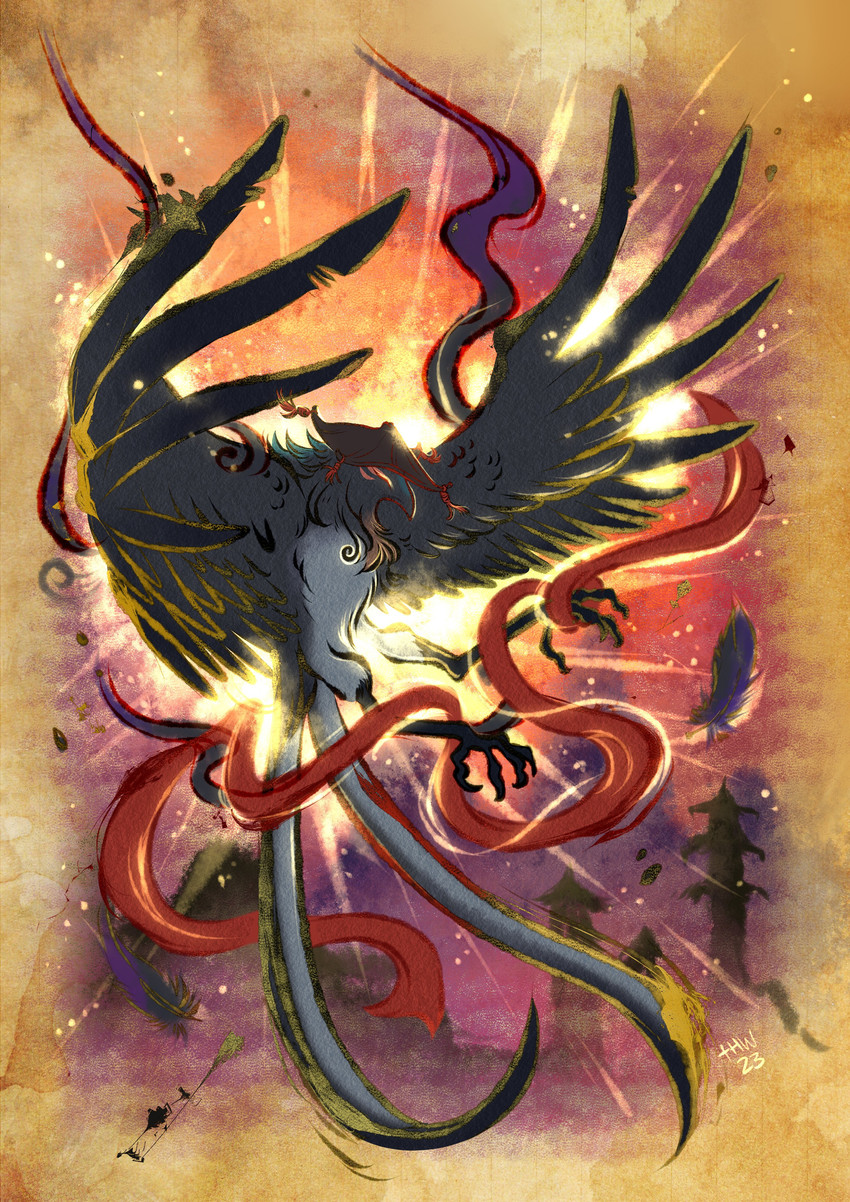 action_pose feathers female feral flying pose ribbons solo spread_wings tail text wings thehavanawolf capcom european_mythology greek_mythology mythology okami_(capcom) avian bird mythological_avian mythological_bird mythological_creature mythological_firebird phoenix absurd_res english_text hi_res