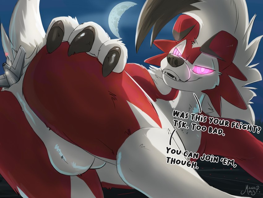 aircraft airplane all_fours anal anal_vore animal_genitalia anthro anus balls dialogue fully_sheathed fur genitals glowing glowing_eyes hand_on_butt hand_on_own_butt improvised_sex_toy looking_at_viewer macro macro_anthro macro_male male male_anthro object_in_ass outside sheath solo talking_to_viewer taunting text vehicle vehicle_insertion vore magpi nintendo pokemon generation_7_pokemon lycanroc midnight_lycanroc pokemon_(species) 2023 4:3 digital_media_(artwork) english_text hi_res