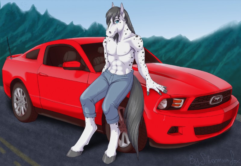 5_fingers anthro blue_eyes car clothed clothing day detailed_background fingers grey_hair grey_hooves hair hooves male nipples outside solo topless vehicle silvermoonfox ford ford_mustang equid equine horse mammal