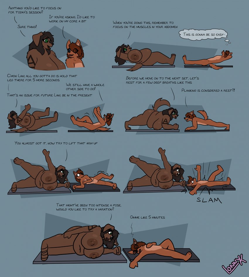 ambiguous_gender anthro belly_overhang big_breasts breasts casual_nudity dialogue duo female nipples nude overweight overweight_female yoga yoga_mat lonnyk lani_(lonnyk) sonia_(lonnyk) bird_dog canid canine canis domestic_dog hunting_dog labrador mammal retriever comic hi_res