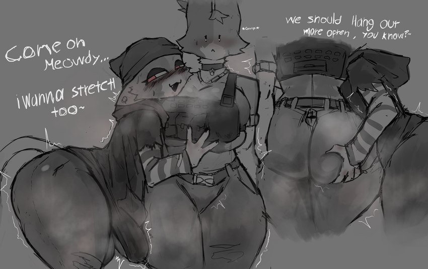 anthro big_breasts big_butt blush bottomwear breasts bulge butt butt_grab clothed clothing dialogue duo erection erection_under_clothing female grey_background grope gynomorph hand_on_butt headgear headwear intersex intersex/female pants simple_background tail talking_to_another text thick_thighs wide_hips fuzzycreature epic_games fortnite cate_meowdy meow_skulls calico_cat domestic_cat felid feline felis mammal absurd_res english_text hi_res monochrome
