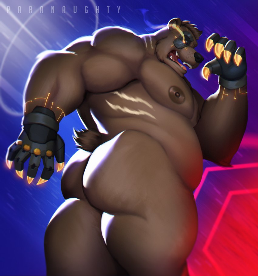 angry anthro areola belly big_belly big_butt biped butt circuit_markings cybernetics glowing glowing_eyes machine male male_anthro markings musclegut muscular muscular_anthro muscular_male nipples pecs portal_ring solo paranaughty oso_the_grolar_bear bear grolar_bear hybrid mammal ursine absurd_res hi_res