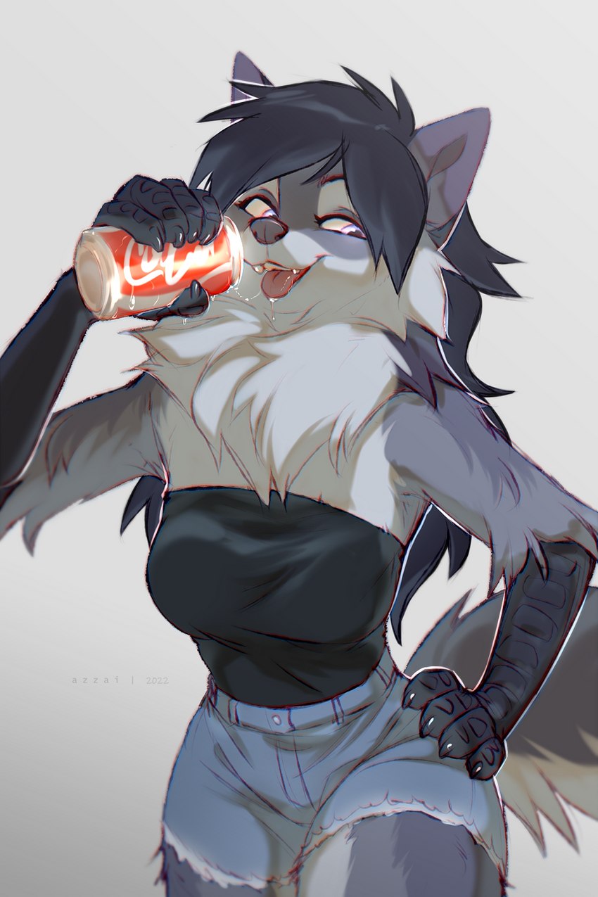 anthro beverage_can black_hair bottomwear breasts clothed clothing female female_anthro food food_fetish forearms hair hand_on_hip open_mouth scaled_forearms scales shorts simple_background smile solo suggestive suggestive_food teeth tongue topwear white_background azzai coca-cola hioshiru_(character) avian canid canine hybrid mammal 2022 dated hi_res