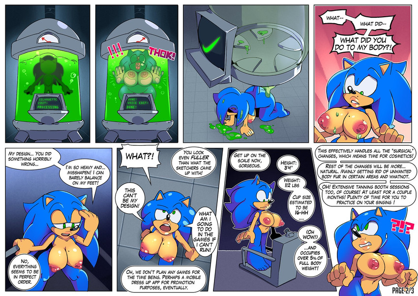 anthro big_breasts breast_growth breasts crossgender dialogue female gender_transformation growth laboratory lips male mtf_transformation nipples nude solo speech_bubble text thick_lips transformation missphase sega sonic_the_hedgehog_(series) sonic_the_hedgehog english_text hi_res