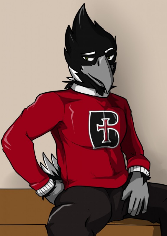 anthro black_body black_feathers feathers grey_eyes looking_at_viewer male mascot solo white_body white_feathers arrwulf benedictine_ravens rocky_the_raven avian bird corvid corvus_(genus) oscine passerine raven hi_res