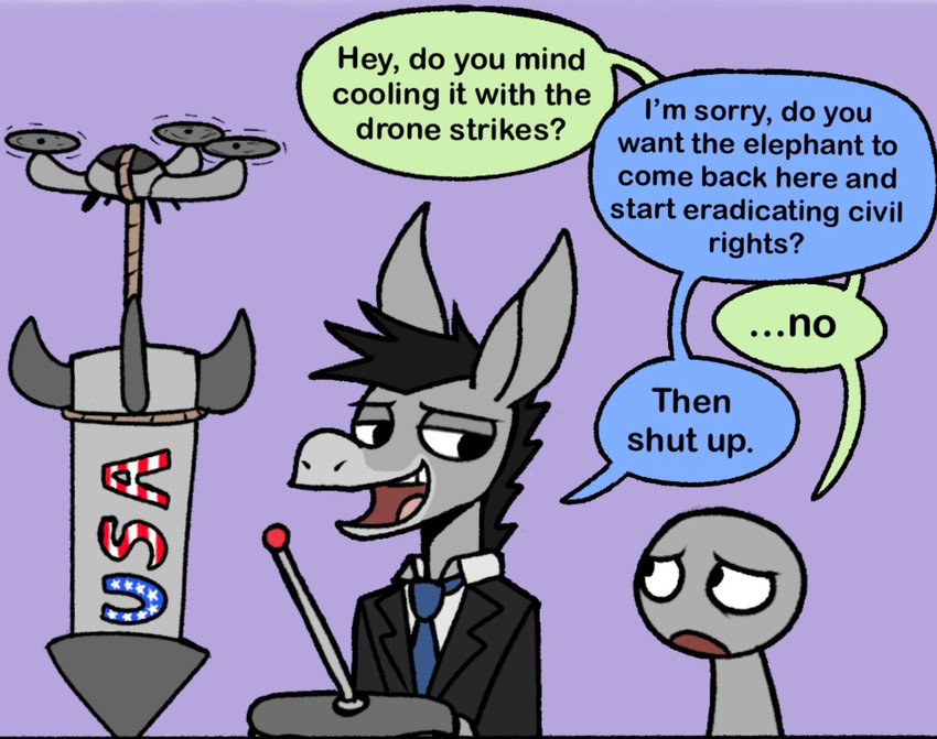 anthro clothed clothing dialogue drone_(vehicle) duo hair humor lever machine male missile political_cartoon politics purple_background simple_background speech_bubble suit text united_states_of_america happyroadkill democrat democrat_donkey don_kennedy asinus donkey equid equine human mammal 2021 comic digital_drawing_(artwork) digital_media_(artwork) english_text flat_colors hi_res