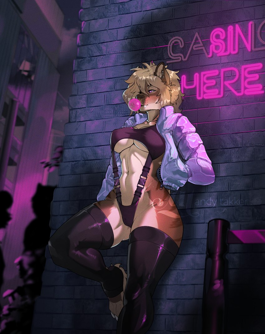 against_surface against_wall anthro biped blowing_bubble_gum bottomless bottomless_female breasts brown_body bubble bubble_gum casino clothed clothing female food fur jacket leaning_on_wall neon_lights night on_one_leg outside partially_clothed public silhouette solo_focus standing surface text topwear andytakker falla_(f-r95) felid mammal prehistoric_species saber-toothed_tiger smilodon english_text hi_res