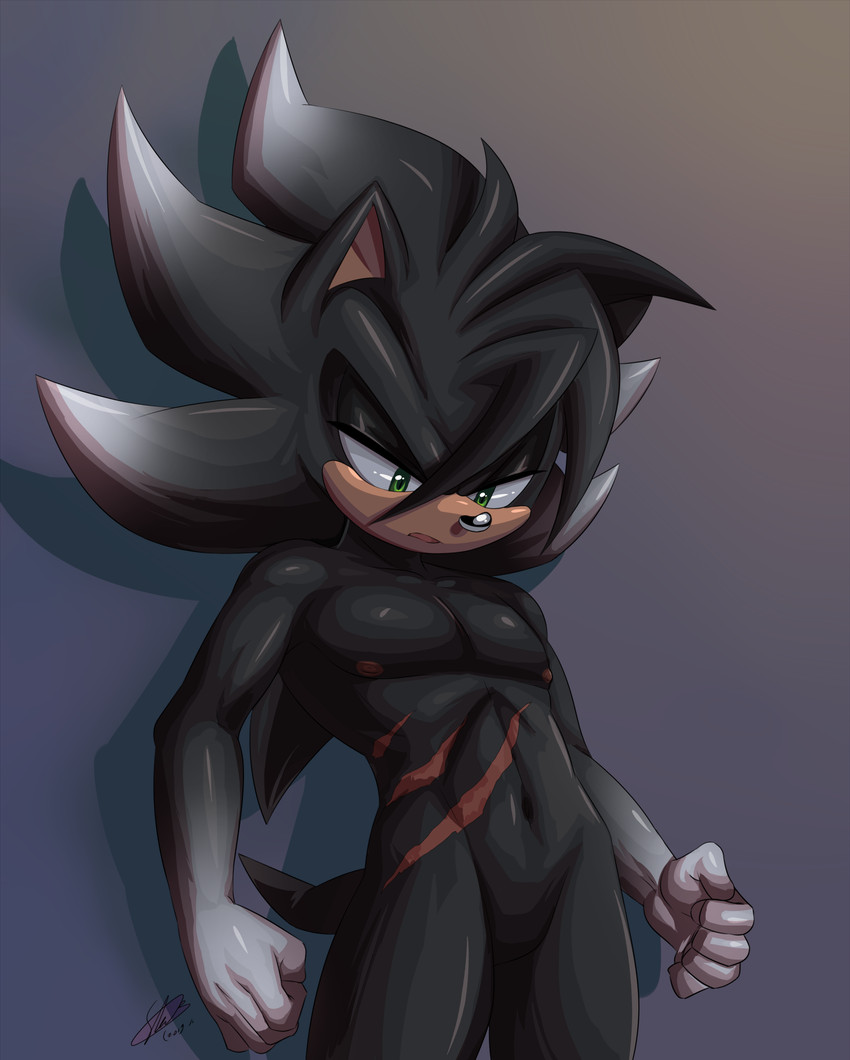 black_body green_eyes male muscular muscular_humanoid muscular_male nude pecs pose scar simple_background solo soina sega sonic_the_hedgehog_(series) cody_hedgie fan_character eulipotyphlan hedgehog humanoid mammal absurd_res hi_res pinup