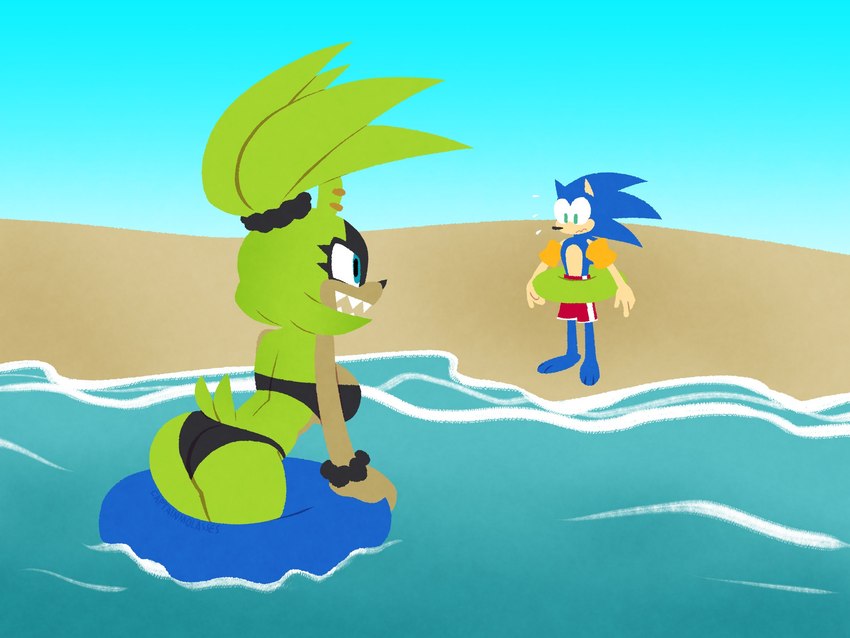 anthro beach bikini blue_eyes breasts butt clothing duo ear_piercing female floatie green_eyes hair inflatable male male/female paws piercing ponytail sand sea sharp_teeth sky smile swim_ring swimming_trunks swimwear tail teeth two-piece_swimsuit water captain_molasses idw_publishing sega sonic_the_hedgehog_(comics) sonic_the_hedgehog_(idw) sonic_the_hedgehog_(series) sonic_the_hedgehog surge_the_tenrec afrosoricid eulipotyphlan hedgehog mammal tenrec 4:3 hi_res