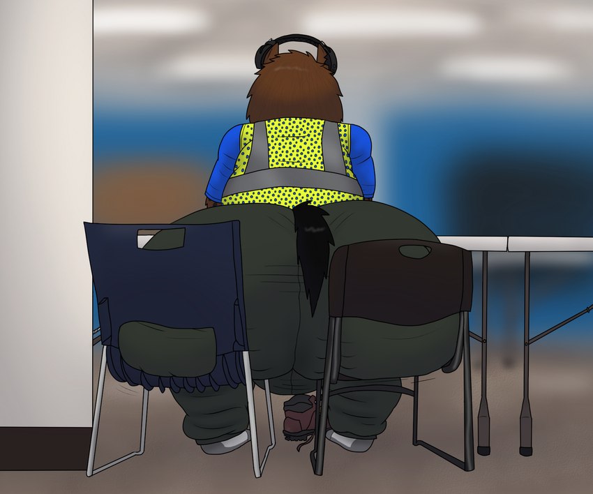 anthro big_bulge big_butt break_room bulge butt chair clothing electronics femboy furniture headphones huge_bulge huge_butt male rear_view safety_vest solo topwear vest alythewolfcat vincent_lundi hyena mammal spotted_hyena 6:5 hi_res