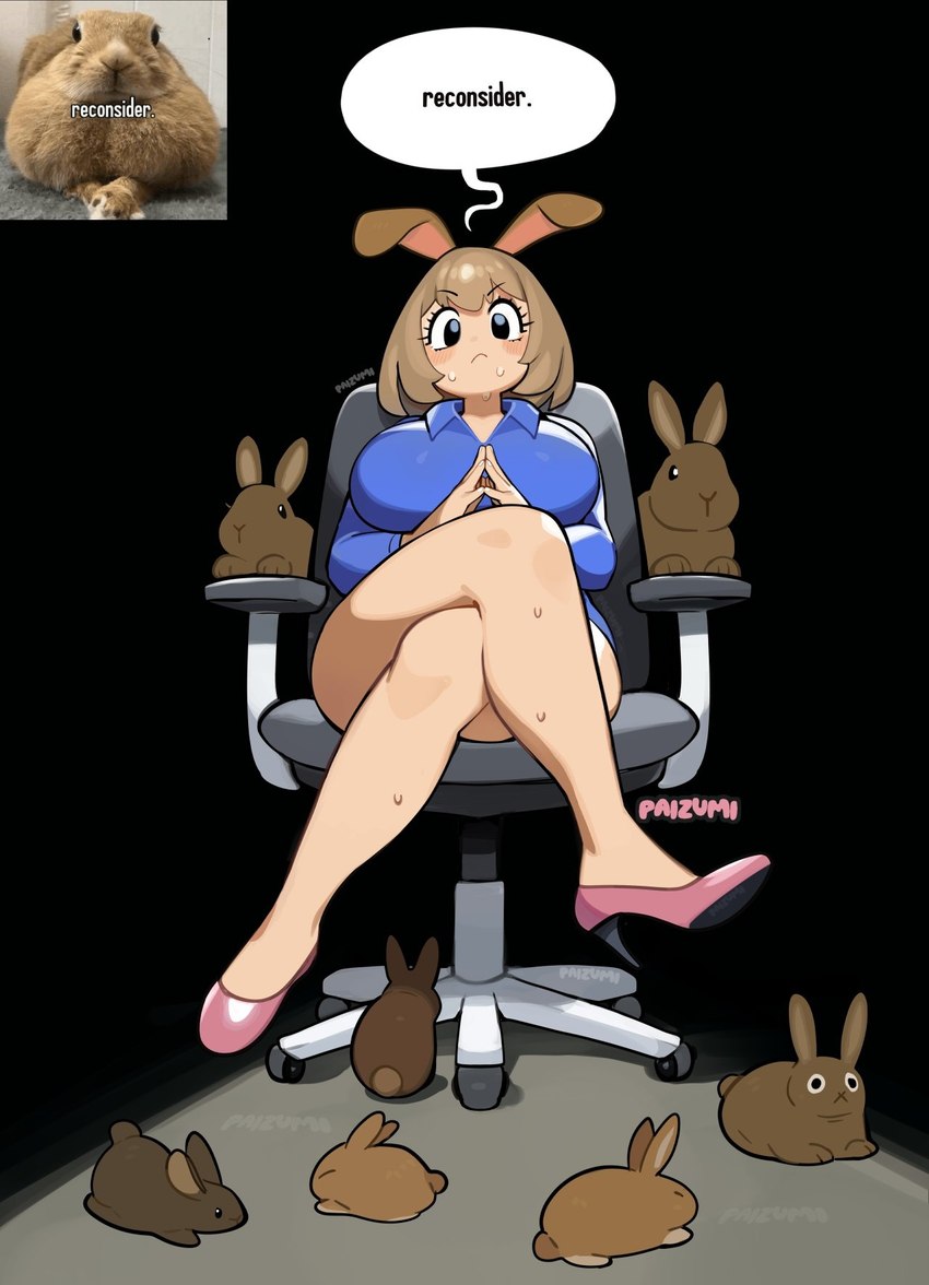 ambiguous_gender big_breasts biped black_background blush bodily_fluids breasts brown_body brown_fur brown_hair chair clothing crossed_legs dialogue female feral footwear fur furniture hair high_heels larger_female looking_at_viewer office_chair shoes simple_background sitting size_difference smaller_feral speech_bubble sweat sweaty_legs text thick_thighs paizumi animal_humanoid humanoid lagomorph lagomorph_humanoid leporid leporid_humanoid mammal mammal_humanoid rabbit rabbit_humanoid hi_res