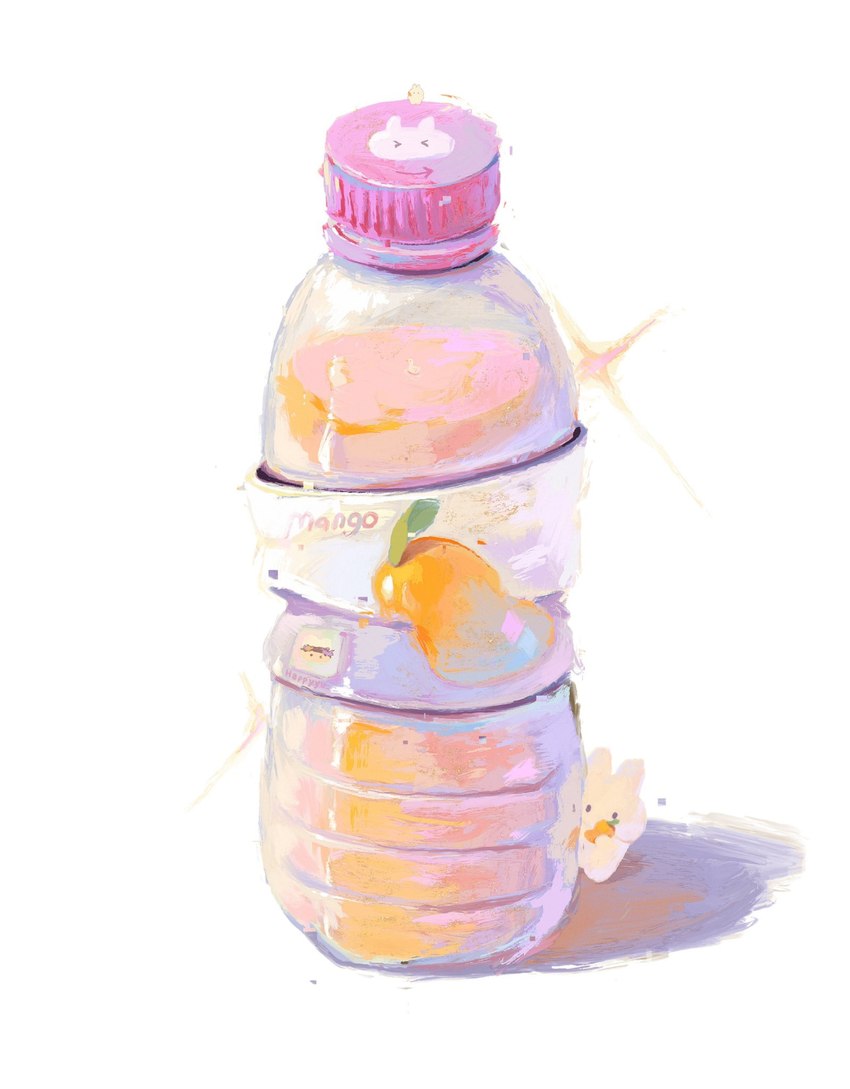 ambiguous_gender anthro beady_eyes beverage bottle container food fruit fur glistening_fruit iridescent iridescent_bottle juice_(beverage) mango_(fruit) micro not_furry_focus plant plastic_bottle simple_background solo sparkles yellow_body yellow_fur happyyu lagomorph leporid mammal rabbit colored digital_media_(artwork) digital_painting_(artwork) hi_res pastel_theme shaded