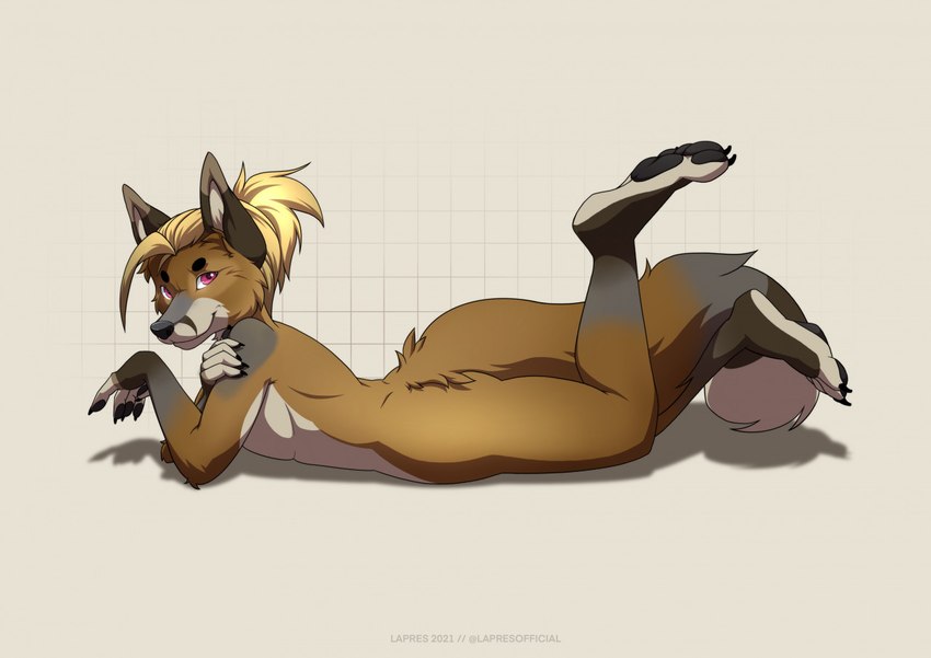 5_fingers anthro blonde_hair brown_body brown_fur feet fingers fur hair male red_eyes solo toes lapres canid canine fox mammal 2021 digital_media_(artwork)