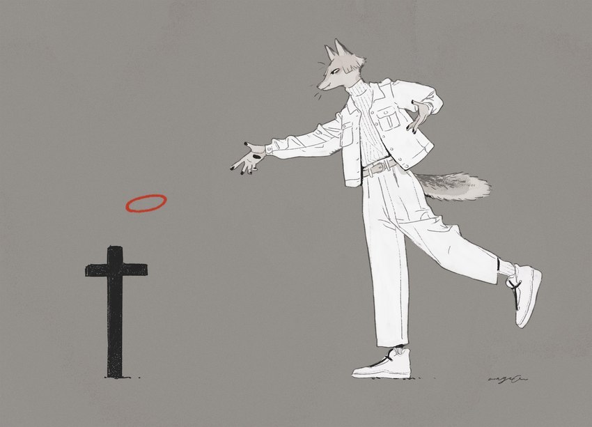 anthro clothed clothing cross fur grey_background grey_body grey_fur halo jacket male pawpads ring_toss simple_background smile solo throwing topwear turtleneck white_clothing mucknagabe canid canine canis coyote mammal hi_res restricted_palette