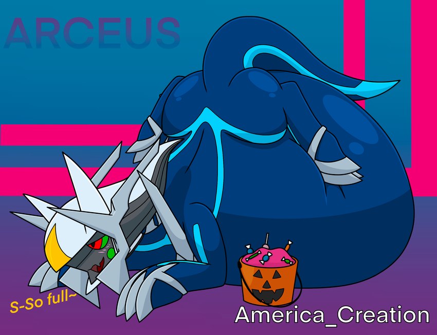 belly big_belly bloated blush candy clothing costume dessert feral food halloween_bucket male morbidly_obese obese overweight red_eyes resting_on_belly simple_background solo stuffing tail text arceus_tummy nintendo pokemon arceus dialga generation_4_pokemon legendary_pokemon pokemon_(species) hi_res