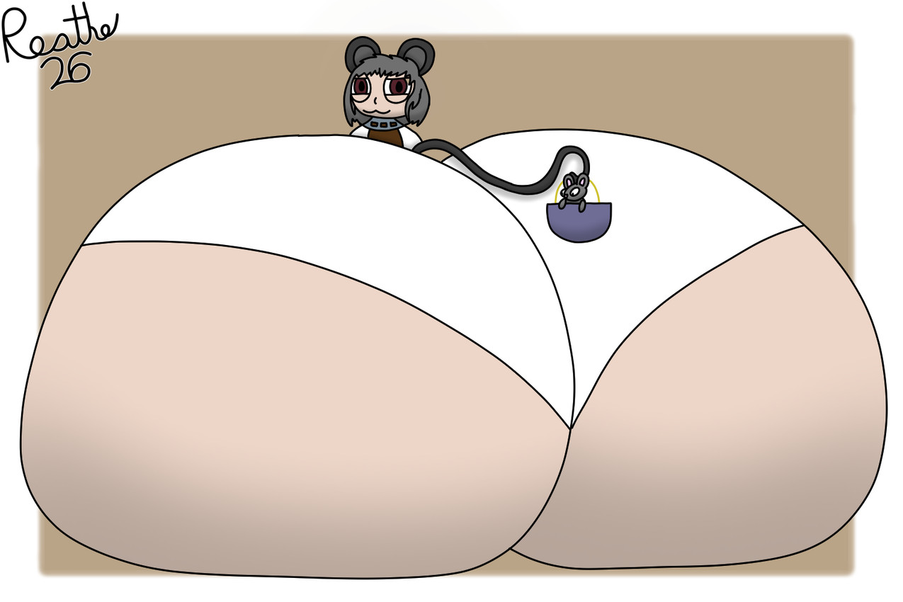 ambiguous_gender basket big_butt black_eyes black_tail border brown_background brown_clothing brown_topwear bulging_eyes butt clothing container duo female feral grey_body grey_ears grey_hair grey_inner_ear hair huge_butt hyper hyper_butt looking_at_viewer looking_back looking_back_at_viewer panties pink_inner_ear pink_nose rat_tail red_eyes simple_background sitting smile smiling_at_viewer smug smug_face tail tan_body tan_skin tight_clothing topwear underwear white_border white_clothing white_panties white_topwear white_underwear reathe touhou nazrin animal_humanoid humanoid mammal mammal_humanoid mouse mouse_humanoid murid murid_humanoid murine murine_humanoid rodent rodent_humanoid 2026 3:2 colored digital_media_(artwork) shaded signature
