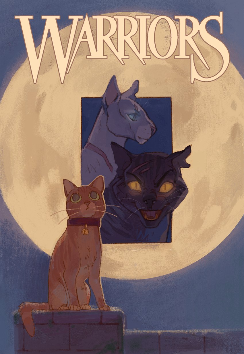 ambiguous_gender blue_eyes brown_body brown_fur collar feet feral full_moon fur glowing glowing_eyes green_eyes grey_body grey_fur group moon open_mouth orange_body orange_eyes orange_fur paws quadruped red_collar scar sitting tail text trio wall_(structure) whiskers arucarrd warriors_(book_series) bluestar_(warriors) firestar_(warriors) tigerstar_(the_prophecies_begin) domestic_cat felid feline felis mammal book_cover copyright_name cover cover_art digital_media_(artwork) digital_painting_(artwork) english_text hi_res female_(lore) male_(lore) young_(lore)