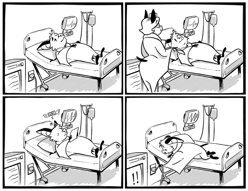 anthro bed border clothing comic_panel defeated disappointed electric_cord electrical_plug electricity electronics female furniture hospital hospital_bed hospital_room humor implied_suicide intravenous intravenous_bag joke male money monitor nurse nurse_clothing nurse_uniform sad screen shocked suicide_attempt uniform white_border kristalkarma danglebat guess_i'll_die dan_(danglebat) bat mammal absurd_res comic greyscale hi_res line_art meme monochrome