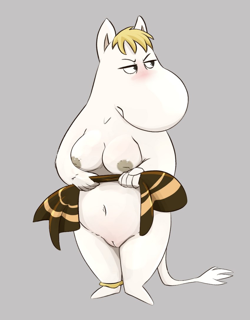 anklet annoyed anthro blonde_hair blush breasts female fur genitals grey_background hair holding_object innie_pussy jewelry leg_ring nipples nude pussy simple_background slightly_chubby solo standing tail tail_tuft towel tuft white_body noodlestoat the_moomins snorkmaiden mammal moomin snork_(moomin) hi_res