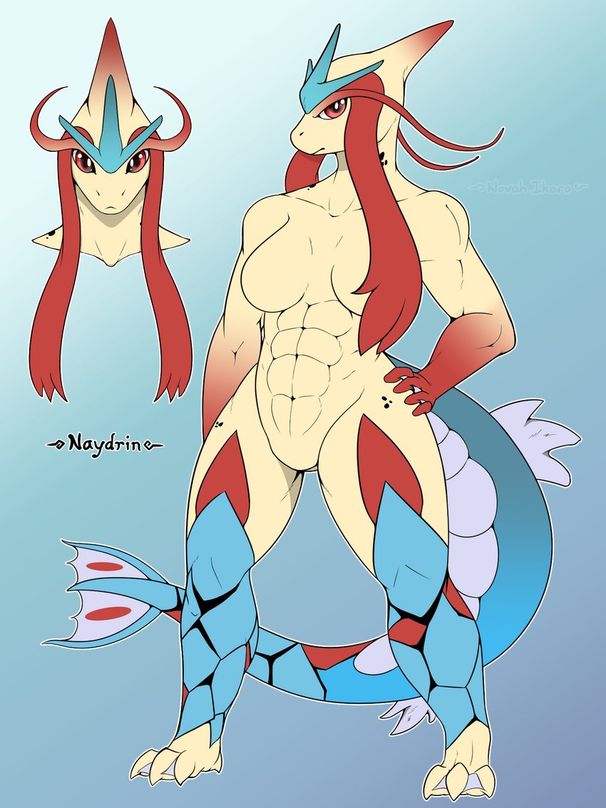 abs anthro big_breasts blue_body blue_scales blue_tail breasts claws crown exposed_breasts eyebrows featureless_crotch feet female fin fingers hair head_spike headgear horn long_eyebrows markings membrane_(anatomy) multicolored_body muscular navel nude red_arms red_body red_eyes red_hair red_scales scales simple_background solo spots spotted_markings tail tail_fin toes webbed_feet webbed_hands novah_ikaro mythology naydrin aquatic_dragon dragon mammal marine mythological_creature mythological_scalie scalie 3:4 digital_media_(artwork) hi_res model_sheet