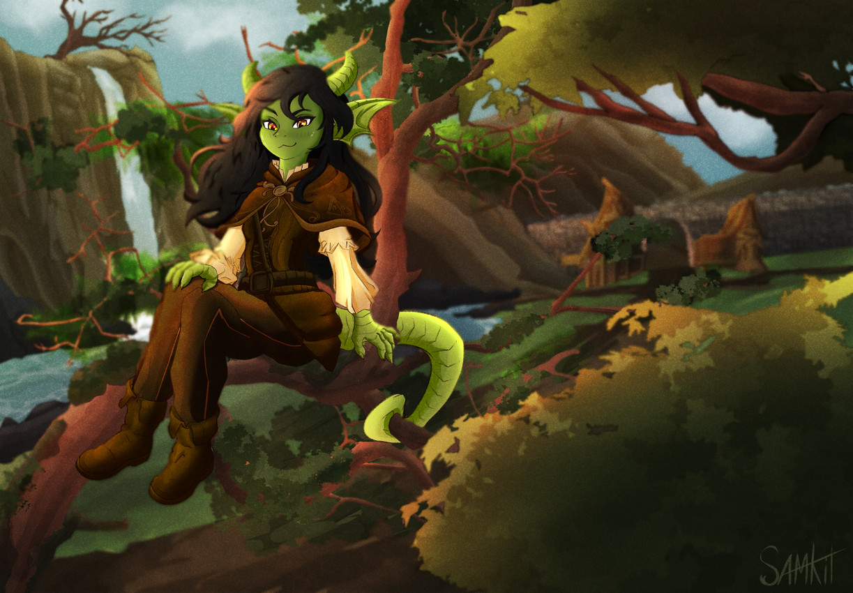 :3 anthro boots bottomwear branch building clothing dirt female footwear green_body hair horn house leaf long_hair looking_at_viewer medieval orange_eyes pants plant shoes sky smile smirk solo tail tail_coil tree waterfall samkit mythology dragon goblin mythological_creature mythological_scalie scalie hi_res