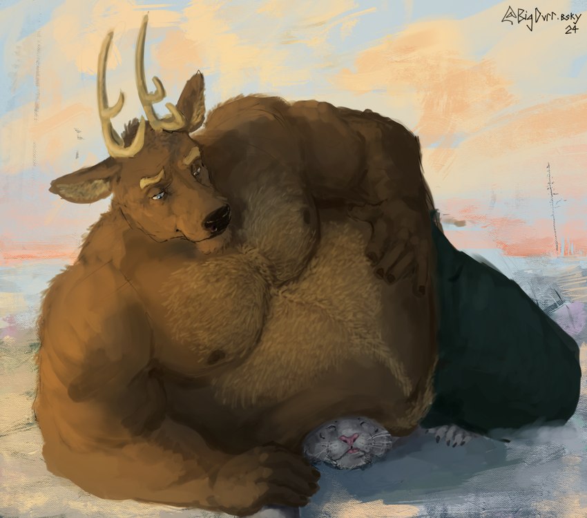 belly belly_hair belly_squish big_belly body_hair bottomwear chest_hair clothing duo hairy lying male musclegut muscular nipples on_side painting pants pants_only shirtless snow squish pacific_coyote kent_(pacific_coyote) deer felid mammal pantherine tiger 2024 hi_res painting_(artwork) signature