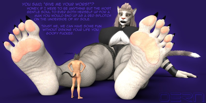 5_toes anthro black_claws black_clothing black_legwear black_lips black_pantyhose black_tail breasts claws clothing duo feet female foot_focus fur grey_hair hair humanoid_feet legwear lips long_hair long_tail looking_at_another macro male male/female micro nude nude_humanoid pale_skin pantyhose pawpads pink_pawpads plantigrade pointy_ears prick_ears profanity purple_background simple_background sitting sitting_on_ground standing tail text toes white_body white_fur wrinkled_feet wrinkles oern animal_humanoid cat_humanoid felid felid_humanoid feline feline_humanoid humanoid mammal mammal_humanoid 2025 2:1 3d_(artwork) digital_media_(artwork) english_text hi_res