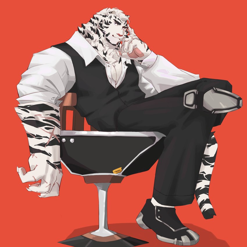 anthro clothed clothing crossed_legs gentleman hand_on_cheek kemono male red_background shirt simple_background sitting smile solo suit suit_vest topwear chivess arknights hypergryph studio_montagne mountain_(arknights) felid mammal pantherine tiger 1:1 absurd_res hi_res