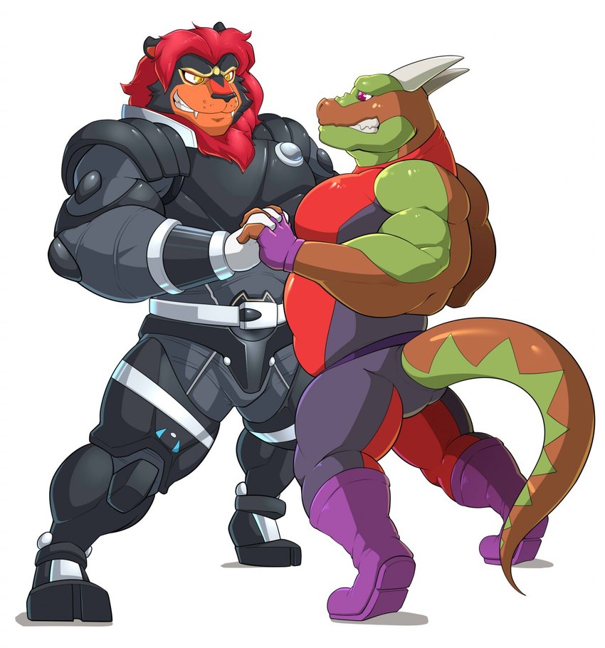 anthro armor belt black_body black_fur boots brown_body brown_scales clenched_teeth clothing duo fingerless_gloves footwear fur gloves green_body green_scales handwear looking_at_another looking_at_partner male male/male markings orange_body orange_fur pink_eyes red_body red_fur scales shoes simple_background standing tail tail_markings teeth white_background yellow_eyes maldu mythology super_sentai uchu_sentai_kyuranger inferno_sabercat dragon felid hybrid liger lion mammal mythological_creature mythological_scalie pantherine scalie 2019 digital_media_(artwork) hi_res