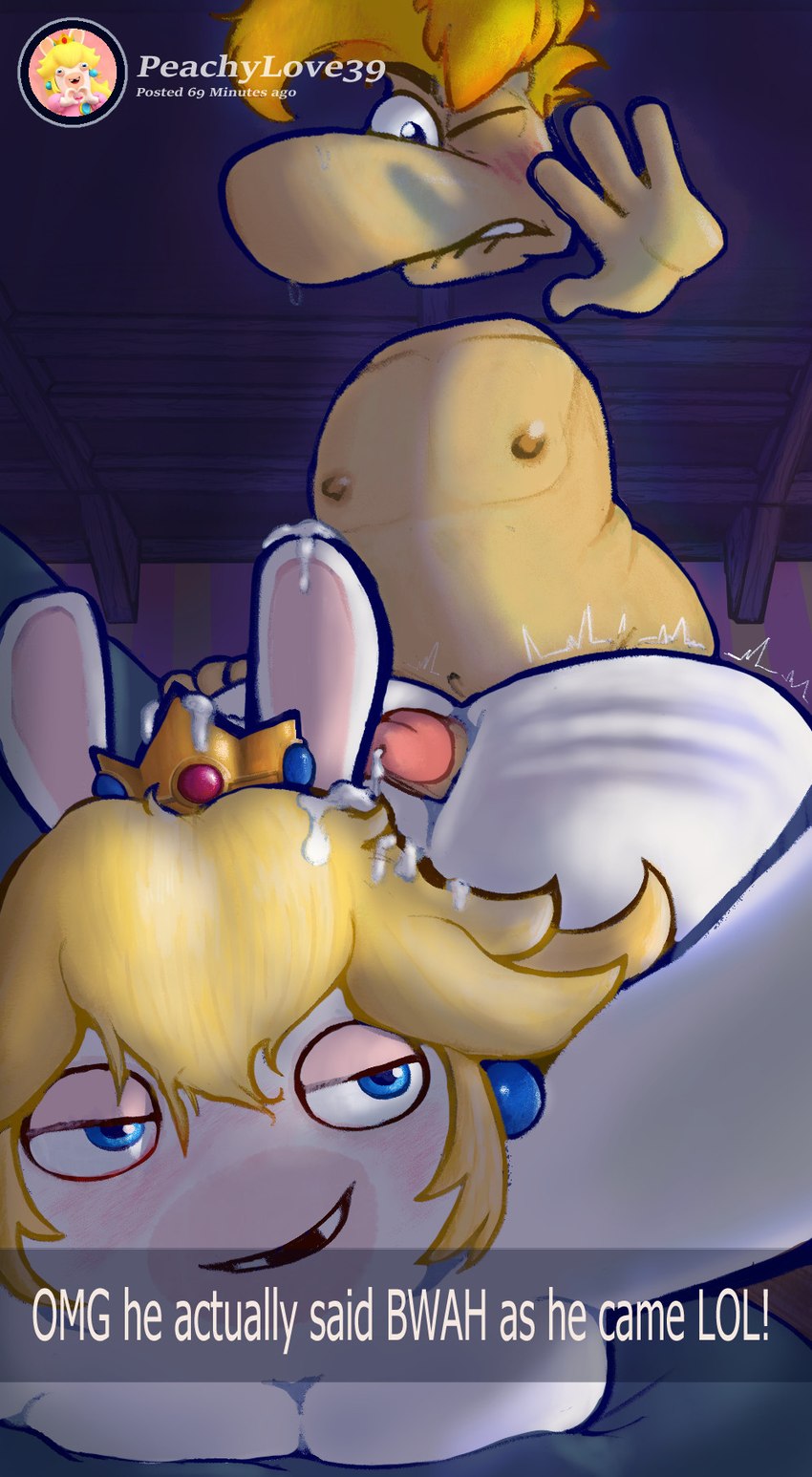 anthro big_butt bodily_fluids butt caught_off_guard cum cum_in_hair duo female genital_fluids hair hot_dogging male male/female selfie sex bajaboobey mario_bros mario_plus_rabbids_kingdom_battle nintendo raving_rabbids rayman_(series) snapchat ubisoft rabbid_peach humanoid crossover hi_res