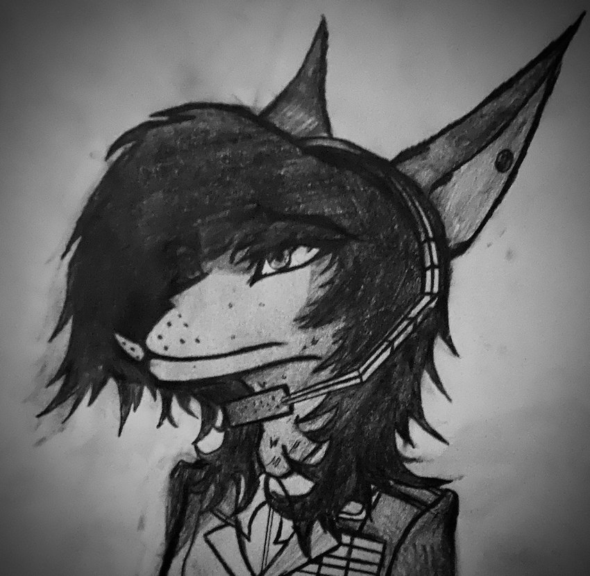 anthro black_hair clothing electronics female hair headgear headphones headset marine_corps military piercing solo uniform darkryn_(artist) jenna_(ryn) canid canine canis humanoid mammal wolf graphite_(artwork) monochrome traditional_media_(artwork)