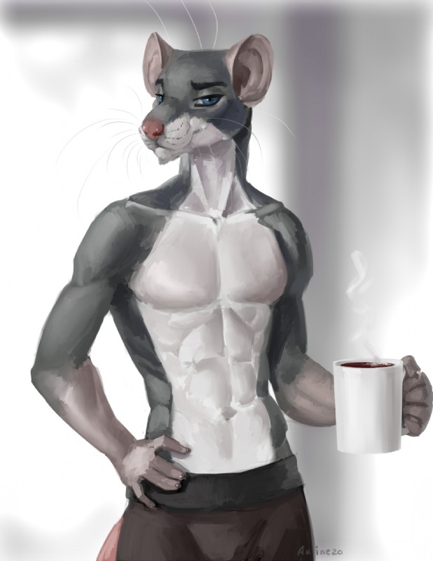 5_fingers anthro beverage blue_eyes clothed clothing coffee coffee_mug featureless_chest fingers looking_at_viewer male smile solo standing topless whiskers akineza mammal murid murine rat rodent 2019 digital_media_(artwork) hi_res