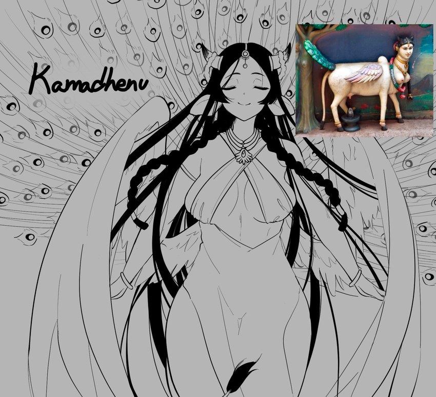 big_breasts bracelet breasts clothing dress eyes_closed feathered_wings feathers female forehead_gem gem horn jewelry reference_image solo standing wings ushiji asian_mythology hindu_mythology mythology horned_humanoid humanoid 2022 hi_res tagme