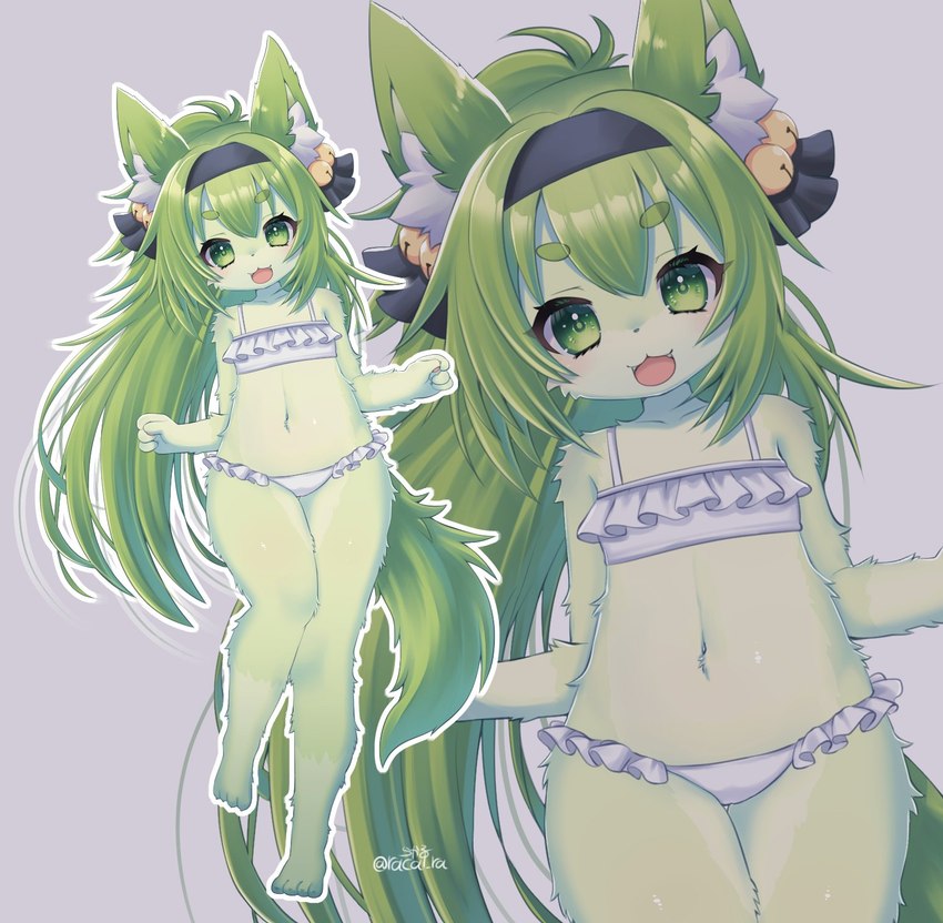 4_fingers 4_toes accessory alternate_species anthro bell bikini circle_eyebrows claws clothed clothing eyebrows feet female finger_claws fingers fluffy frilly frilly_clothing fur furrification green_body green_eyes green_fur green_hair hair hair_accessory hairband happy kemono looking_at_viewer navel skimpy solo swimwear toe_claws toes two-piece_swimsuit young young_anthro young_female racal_ra azur_lane isokaze_(azur_lane) canid canine mammal hi_res