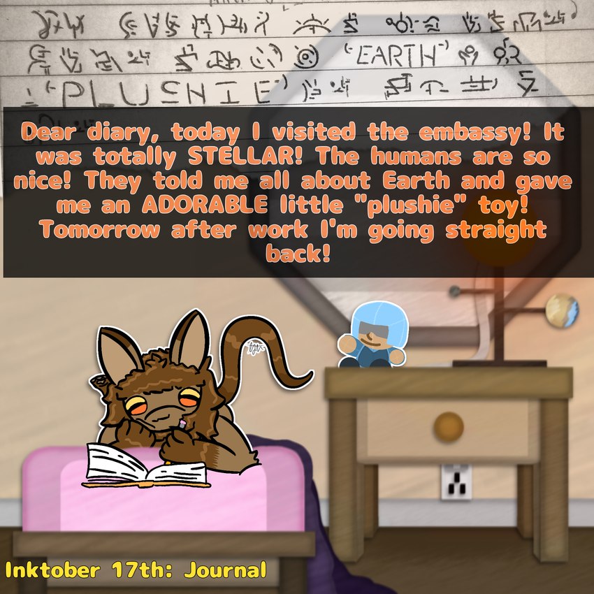 anthro dialogue_box diary female journal plushie simple_background solo tail text toony relyt2442 inktober the_nature_of_predators raila_(nopov) mammal venlil_(the_nature_of_predators) 1:1 2024 constructed_language fictional_language handwritten_text hi_res