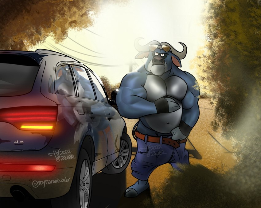 2_horns anthro belt blue_body car clothing cloven_hooves curled_horn dipstick_ears ear_markings gloves handwear hooves horn looking_at_viewer male multicolored_ears muscular muscular_anthro muscular_male navel outside solo standing undressing vehicle autofurrart zubr disney zootopia chief_bogo bovid bovine cape_buffalo mammal 2022 5:4 digital_media_(artwork) signature