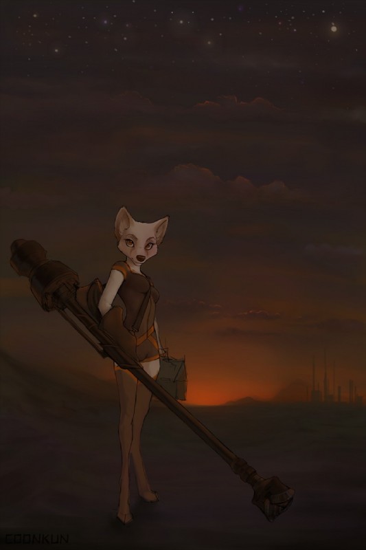 anthro black_nose breasts clothing cloud digitigrade female legwear looking_at_viewer outside solo standing star sunset thigh_highs coonkun canid canine fox mammal hi_res