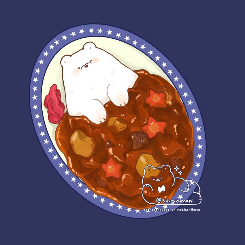 black_nose blush chibi comically_large_object curry curry_rice detailed_food feral food in_food lying micro solo white_body shirokumani bear mammal 1:1 2021 detailed hi_res