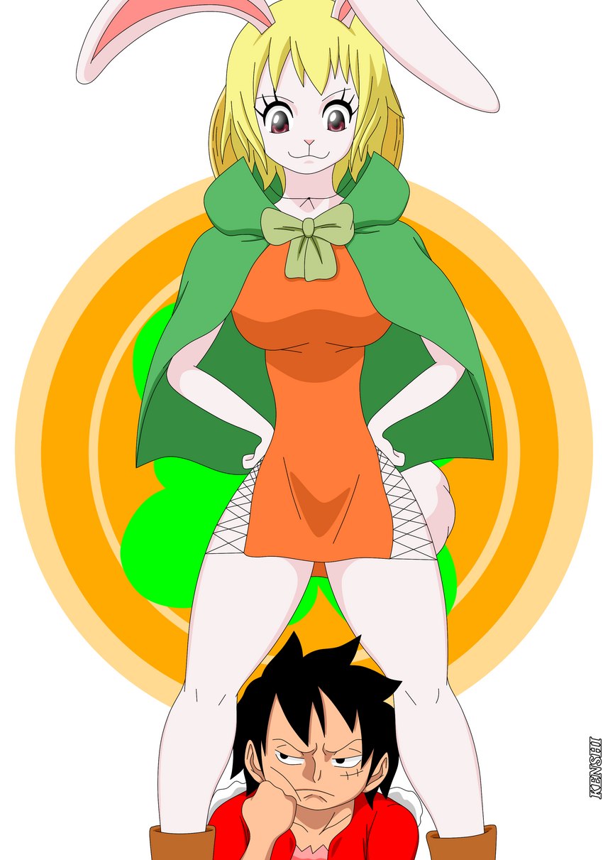 anthro breasts clothed clothing dress duo female male male/female orange_clothing orange_dress side_slit side_slit_clothing side_slit_dress kenshinho_arts one_piece carrot_(one_piece) monkey_d._luffy human lagomorph leporid mammal minkmen_(one_piece) rabbit absurd_res hi_res