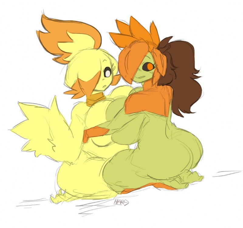 anthro big_breasts breasts butt cleavage clothed clothing duo feathers female non-mammal_breasts plant thick_thighs wings little_hareboy starbound fellock frittata oval_(little_hareboy) avian bird chicken chikin elemental_creature elemental_humanoid flora_fauna floran galliform gallus_(genus) humanoid phasianid plant_humanoid hi_res