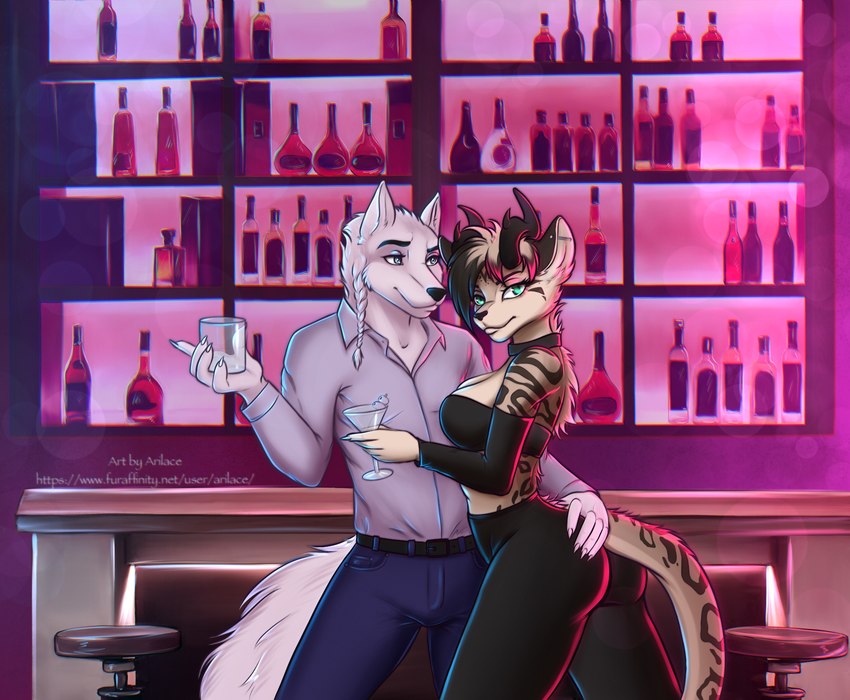 alcohol anthro bar beverage bulge butt butt_grab clothed clothing duo female grope hand_on_another's_butt hand_on_butt horn humanoid_hands male male/female nightclub piercing arilace sya_ruusa xavier_the_tribeless canid canine canis dire_leopard mammal wolf hi_res