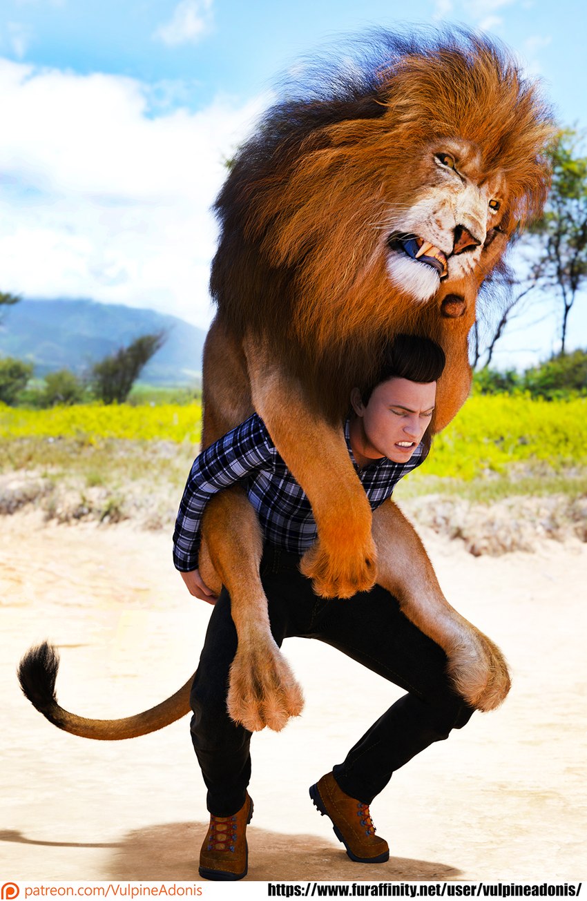 angry annoyed carrying_another dominant duo feral male male/male mane piggyback weightplay vulpineadonis felid human lion mammal pantherine 3d_(artwork) digital_media_(artwork) hi_res