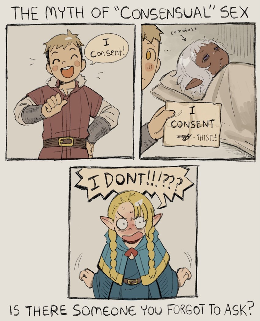 laios touden, marcille donato, and thistle (delicious in dungeon) created by gorarati