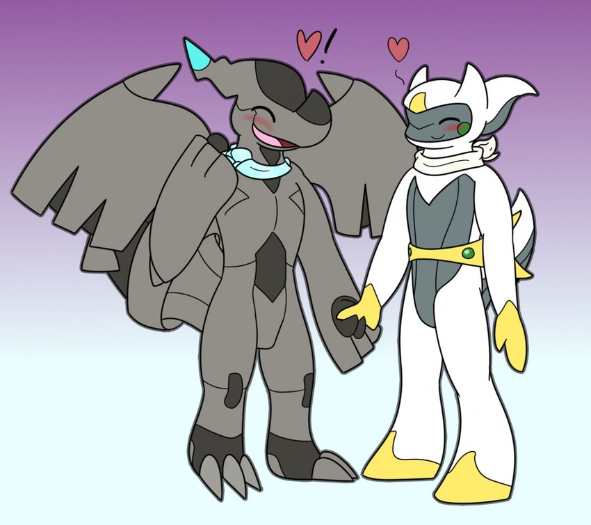 anthro black_body duo eyes_closed hand_holding male male/male ring scarf smile tail wings yoshi-eats-your-pie european_mythology mythology nintendo pokemon arceus camelid dragon generation_4_pokemon generation_5_pokemon legendary_pokemon mammal mythological_creature mythological_scalie pokemon_(species) scalie western_dragon zekrom