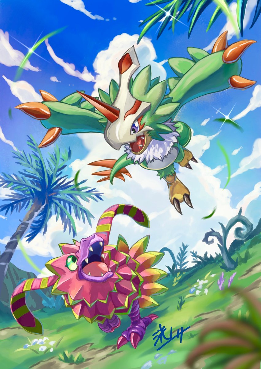 anthro beak duo feathers feral flying green_body green_eyes green_feathers male mask palm_tree pink_body plant purple_eyes running tree wings kou_glass_seed bandai_namco digimon digimon_(species) elemental_creature flora_fauna pomumon pteromon hi_res