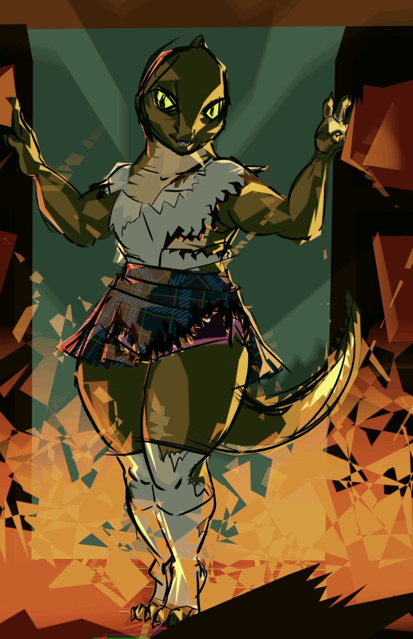 anthro bookshelf burning_building burnt_clothing clothing female fire furniture library looking_at_viewer school_uniform solo thick_thighs uniform yellow_eyes greenpolygon firebreather draconic reptoid scalie hi_res