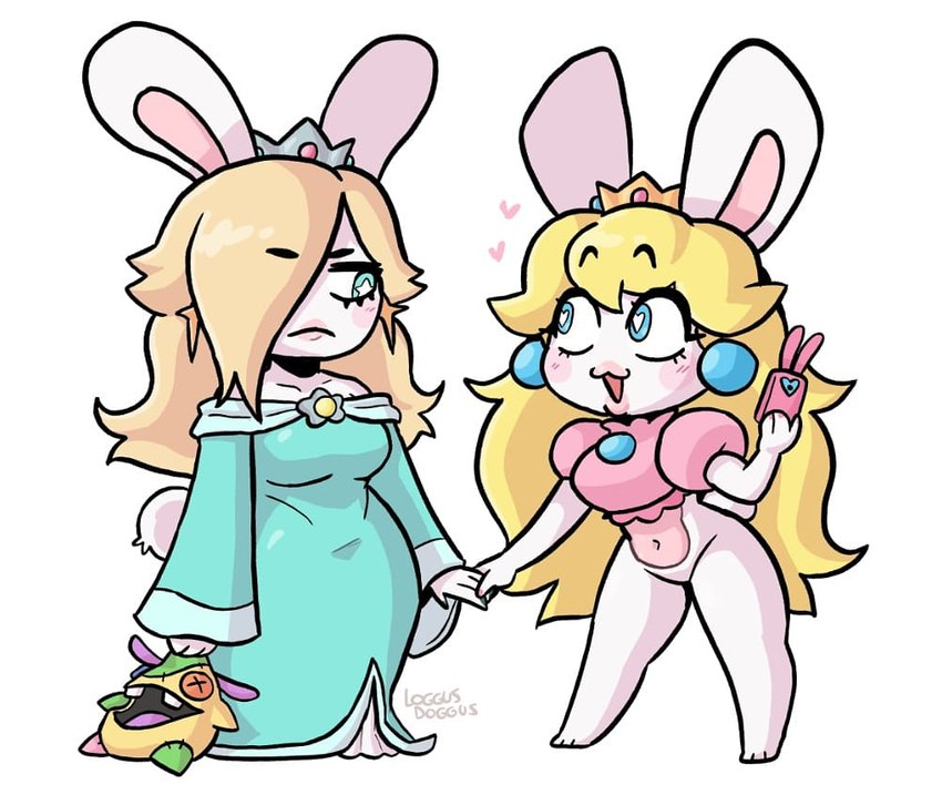 anthro blonde_hair blue_eyes bottomless breasts cellphone clothed clothing crown dress duo electronics female fur green_eyes hair headgear heart_eyes heart_symbol phone plushie white_body white_fur loggus_doggus mario_bros mario_plus_rabbids_kingdom_battle mario_plus_rabbids_sparks_of_hope nintendo raving_rabbids rayman_(series) ubisoft rabbid_peach rabbid_rosalina lagomorph mammal rabbid crossover