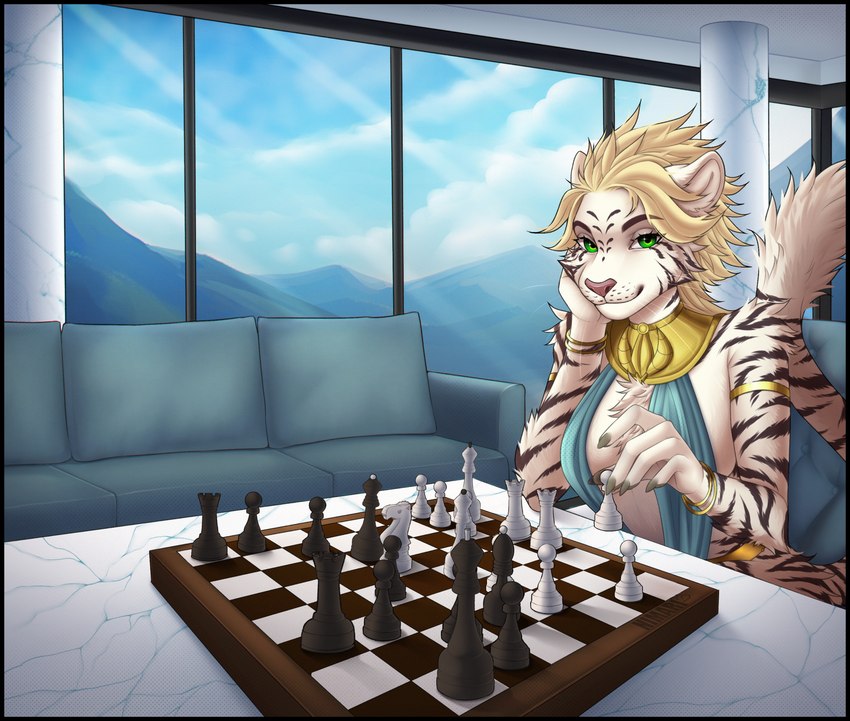 5_fingers anthro arm_support armlet bangle black_stripes blonde_hair breasts chess chess_board chess_piece chessboard chest_tuft claws cleavage clothed clothing column detailed_background dress female female_anthro fingers fur furniture green_eyes grey_claws hair hand_on_chin holding_object inner_ear_fluff inside jewelry leaning_on_elbow looking_at_viewer marble modern_architecture mountain playing_chess short_hair sitting sky smile sofa solo striped_body stripes table tail tuft whiskers white_body white_fur white_whiskers window nimari felid mammal pantherine tiger 2025 digital_media_(artwork) hi_res signature