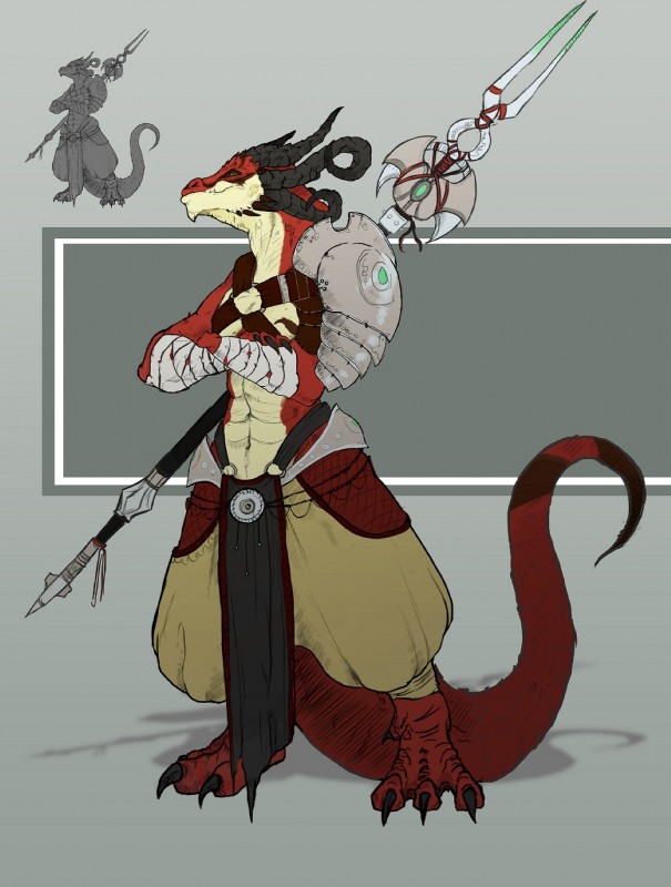 3_toes abs anthro arm_wraps armor bandage barefoot bident biped bottomwear claws clothed clothing crossed_arms feet horn male pants pauldron plate_armor red_body red_skin simple_background solo standing tail toes topless weapon wraps fleet-foot mythology dragon lizard mythological_creature mythological_scalie reptile scalie full-length_portrait hi_res portrait