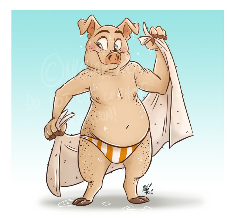 anthro butt_polish clothed clothing dripping drying male nipples overweight overweight_anthro overweight_male solo speedo swimwear wet nicnak044 basil_(urbansaint) domestic_pig mammal suid suine sus_(pig)